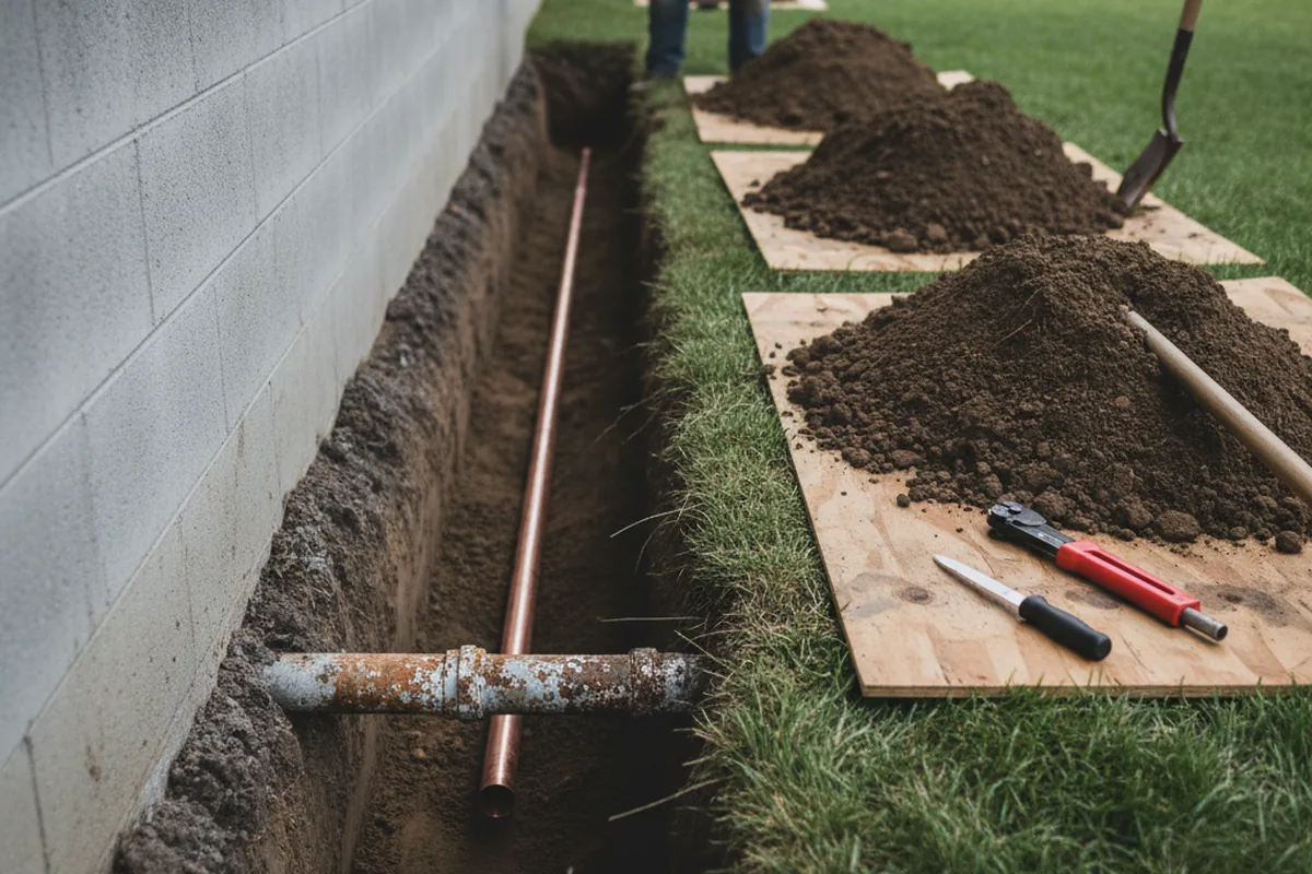 Excavated water line trench during Sewer Line Repair in Cedar Grove
